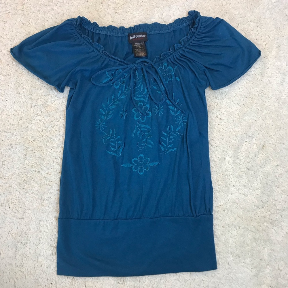 Blue Peasant Style Embroidered Blouse